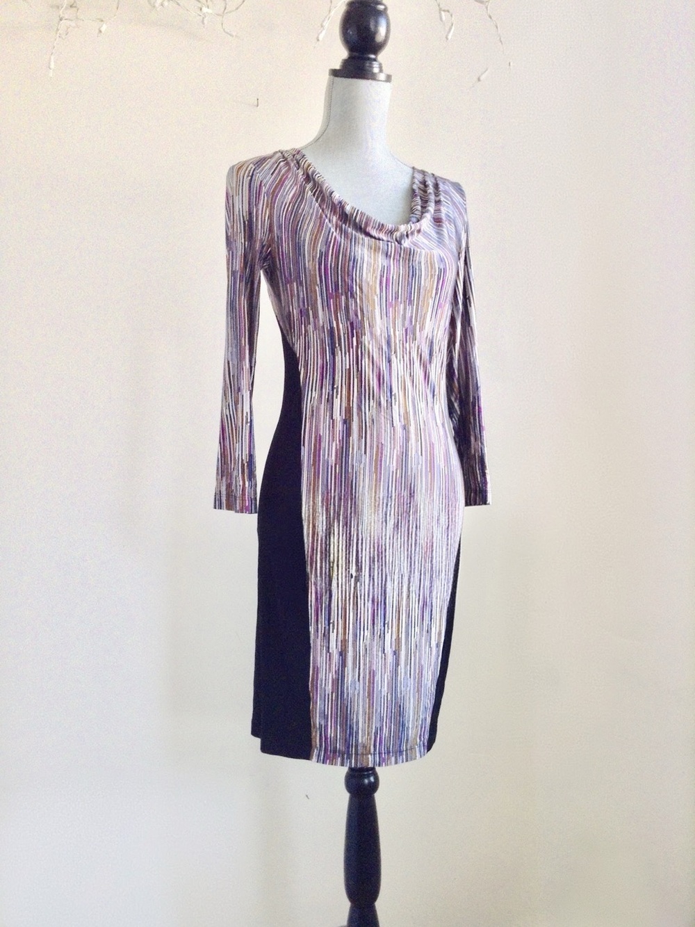 BCBG MaxAzria XS Bodycon Stripe Cowl Neck Sheath Dress Black Side Panels Y2K 10s